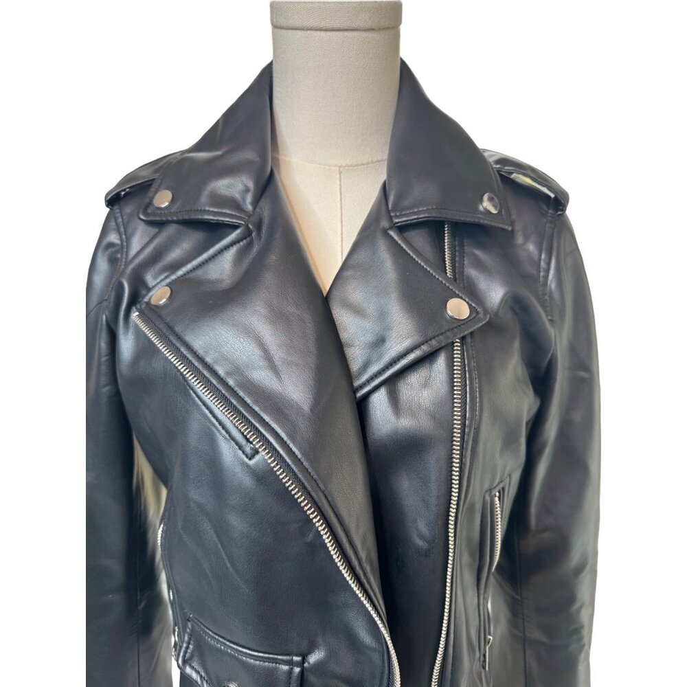 NWOT ZARA M Black Faux Leather Biker Jacket Zipper Details & Epaulettes - Picture 6 of 14